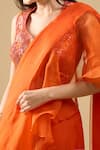 Archana Shah_Orange Organza Ruffles, Sequins V-neck Pre-draped Saree With Blouse _at_Aza_Fashions