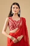 Archana Shah_Red Sequins V-neck Pre-draped Ruffle Saree With Blouse _Online_at_Aza_Fashions