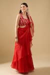 Buy_Archana Shah_Red Sequins V-neck Pre-draped Ruffle Saree With Blouse _Online_at_Aza_Fashions