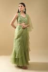 Archana Shah_Green Ruffles, Sequins, Embroidery Halter Neck Pre-draped Saree With Blouse _Online_at_Aza_Fashions