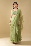 Shop_Archana Shah_Green Ruffles, Sequins, Embroidery Halter Neck Pre-draped Saree With Blouse _Online_at_Aza_Fashions