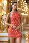 Buy_Bling Empire_Red Mesh Crystals Halter , High Crimson Jewel Embellished Mini Dress _at_Aza_Fashions
