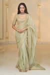 Buy_Arpita Mehta_Green Tissue, Net Embroidery, Sequins, Zari, Tassels V-neck Hand Sari Set _at_Aza_Fashions