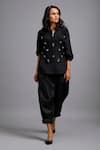 Deepika Arora_Black Cotton, Net Rhinestones Collared, Embellished Corset And Shirt Set _Online