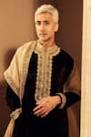 Punit Balana_Black Velvet, Tissue, Silk Embroidery Amer Kurta Set _at_Aza_Fashions