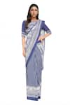 Buy_So Us By Sougatpaul_Blue Muslin Slub Round Neck Printed Pre-stitched Saree With Blouse _at_Aza_Fashions
