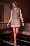 Label Deepika Nagpal_Pink Tweed, Satin Crystals, Stones, Ruffles Carson Blazer With Pleated Dress _Online_at_Aza_Fashions