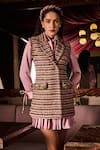 Buy_Label Deepika Nagpal_Pink Tweed, Satin Crystals, Stones, Ruffles Carson Blazer With Pleated Dress _Online_at_Aza_Fashions