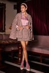 Shop Label Deepika Nagpal Pink Tweed Crystals, Fringe Collared Finley Cape And Skirt Set Online at Aza Fashions Shop_Label Deepika Nagpal_Pink Tweed Crystals, Fringe Collared Finley Cape And Skirt Set _Online_at_Aza_Fashions