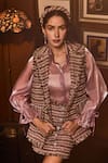 Label Deepika Nagpal_Pink Tweed, Organza Crystals, Fringe Collared Everett Gilet Skirt Set _Online_at_Aza_Fashions