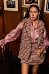 Buy_Label Deepika Nagpal_Pink Tweed, Organza Crystals, Fringe Collared Everett Gilet Skirt Set _Online_at_Aza_Fashions