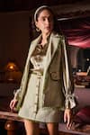 Buy_Label Deepika Nagpal_Green Tweed, Satin Fringe, Chains, Studs Everett Gilet Jacket Skirt Set 