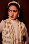 Label Deepika Nagpal_Beige Tweed Chains, Fringe, Metallic Thread Open Neck Addison Long Jacket _Online_at_Aza_Fashions