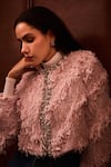Label Deepika Nagpal_Pink Crystals, Beads Round Neck Layla Faux Fur Jacket _Online_at_Aza_Fashions