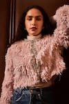Shop_Label Deepika Nagpal_Pink Crystals, Beads Round Neck Layla Faux Fur Jacket _Online_at_Aza_Fashions