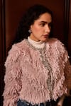 Label Deepika Nagpal_Pink Crystals, Beads Round Neck Layla Faux Fur Jacket _at_Aza_Fashions