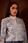 Label Deepika Nagpal_Blue Denim, Lace Beads, Sequins Round Neck Adara Embellished Cropped Jacket _Online_at_Aza_Fashions