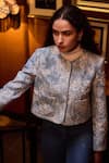Buy_Label Deepika Nagpal_Blue Denim, Lace Beads, Sequins Round Neck Adara Embellished Cropped Jacket _at_Aza_Fashions