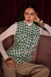 Shop_Label Deepika Nagpal_Green Tweed Fringe, Studs Round Neck Romy Houndstooth Jacket With Belt _at_Aza_Fashions