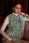 Label Deepika Nagpal_Green Tweed Fringe, Studs Round Neck Romy Houndstooth Jacket With Belt _Online_at_Aza_Fashions