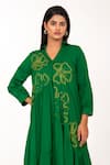K-Anshika_Green Cotton Embroidery V-neck, Collared Resham Floral Tiered Midi Dress _Online_at_Aza_Fashions