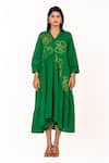 Buy_K-Anshika_Green Cotton Embroidery V-neck, Collared Resham Floral Tiered Midi Dress _at_Aza_Fashions
