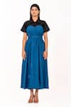 Buy_K-Anshika_Blue Embroidery Collared, Sweetheart Neck Resham Midi Dress _at_Aza_Fashions