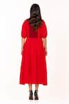 Shop_K-Anshika_Red Cotton Embroidery V-neck, Collared Resham Yoke Midi Dress _at_Aza_Fashions