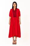 Buy_K-Anshika_Red Cotton Embroidery V-neck, Collared Resham Yoke Midi Dress _at_Aza_Fashions