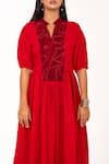 K-Anshika_Red Cotton Embroidery V-neck, Collared Resham Yoke Midi Dress _Online_at_Aza_Fashions