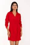 K-Anshika_Red Cotton V-neck, Collared Wrap Dress _Online_at_Aza_Fashions