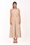Buy_K-Anshika_Beige Cotton Square Neck Tiered Maxi Dress With Belt _at_Aza_Fashions