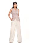 Buy_K-Anshika_Multi Color V-neck Plaid Knot Front Top And Wide Leg Trouser Set _at_Aza_Fashions