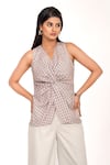 K-Anshika_Multi Color V-neck Plaid Knot Front Top And Wide Leg Trouser Set _Online_at_Aza_Fashions