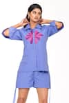K-Anshika_Sky Blue Cotton Embroidery Collared Resham Shirt With Shorts _Online_at_Aza_Fashions