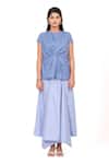 Buy_K-Anshika_Blue Round Neck Stripes Pattern Knot Top And Asymmetrical Skirt Set _at_Aza_Fashions