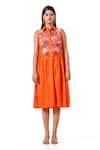 Buy_K-Anshika_Orange Cotton Embroidery Collared, Button-down Neck Resham Midi Dress _at_Aza_Fashions