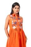K-Anshika_Orange Cotton Embroidery Collared, Button-down Neck Resham Midi Dress _Online_at_Aza_Fashions