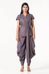 Buy K-Anshika Purple Collared, V-neck Wrap Style Top And Cowl Pant Set at Aza Fashions Buy_K-Anshika_Purple Collared, V-neck Wrap Style Top And Cowl Pant Set _at_Aza_Fashions