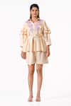 K-Anshika_Yellow Embroidery Collared Resham Ruffled Shirt And Shorts Set _Online_at_Aza_Fashions