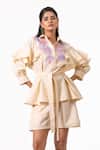 Buy_K-Anshika_Yellow Embroidery Collared Resham Ruffled Shirt And Shorts Set _at_Aza_Fashions