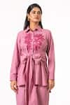 K-Anshika_Pink Cotton Embroidery Collared Resham Shirt And Pant Set _Online_at_Aza_Fashions