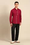 Shop_Mayank Modi - Men_Red Cotton Embroidery Geometric Line Formal Shirt _Online_at_Aza_Fashions
