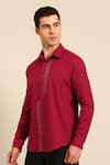 Mayank Modi - Men_Red Cotton Embroidery Geometric Line Formal Shirt _at_Aza_Fashions