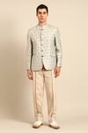 Buy_Mayank Modi - Men_Blue Silk, Linen Metallic Thread, Geometric Pattern Bandhgala Blazer And Pant Set _at_Aza_Fashions