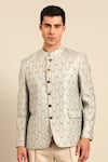 Buy_Mayank Modi - Men_Blue Silk, Linen Metallic Thread, Geometric Pattern Bandhgala Blazer And Pant Set _Online_at_Aza_Fashions