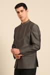 Mayank Modi - Men_Charcoal Cotton, Silk Embroidery Geometric Pattern Zipper Bandhgala _Online_at_Aza_Fashions