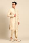 Shop_Mayank Modi - Men_Beige Silk, Brocade Embroidery, Zari Geometric Kurta And Pant Set 