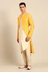 Shop_Mayank Modi - Men_Beige Silk, Cotton Embroidered Overlap Kurta And Churidar Set 