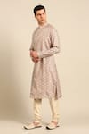 Mayank Modi - Men_Beige Silk Embroidery, Sequins Geometric Print Kurta And Churidar Set _Online_at_Aza_Fashions